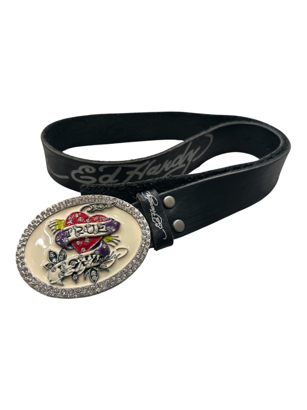 Ed Hardy Y2K Cyber Rhinestone Heart Belt Large True Love Genuine Leather Vintage